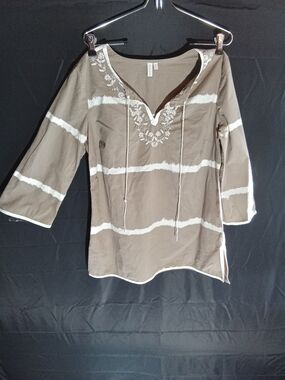 Madison Brown Tunic with White Stripes & Embroidered V-Neck